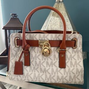 Michael Kors White and Brown Signature Canvas Satchel